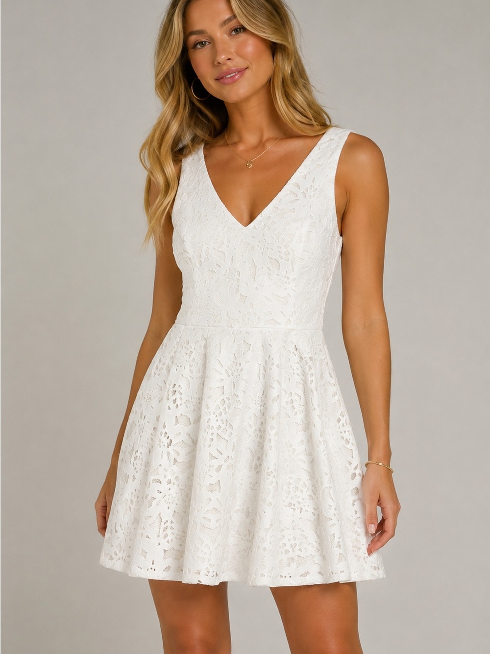 Midnight Doll White Lace V-Neck Fit & Flare Mini Dress